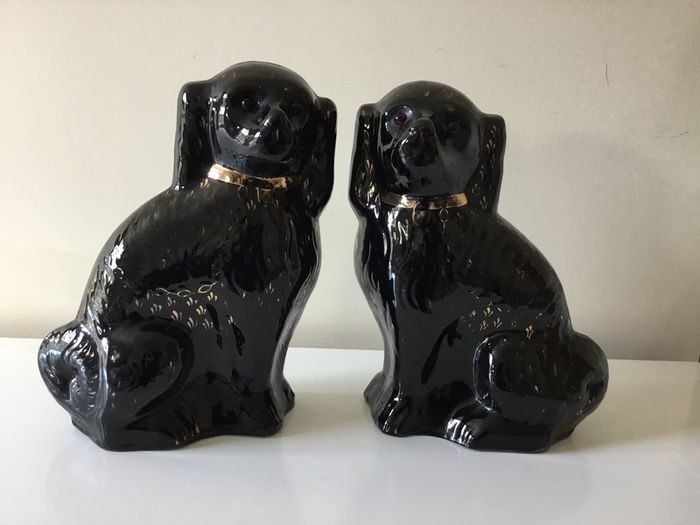Antique Sadler  black Mantle dogs with glass eyes