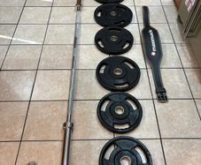 High End Urethane Olympic Weight Plates + 7 Foot Olympic Barbell+ 2 Bar Collars + Weightlifting Belt!!