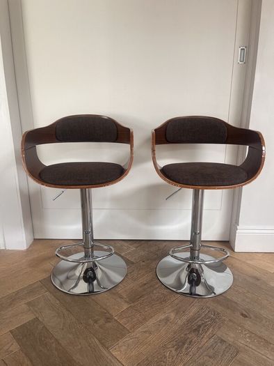 KARE Design Monaco Bar Stools, Pair, Walnut & Chrome, Adjustable