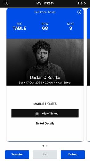 Declan O'Rourke - Vicar Street 17th October. 2 tickets
