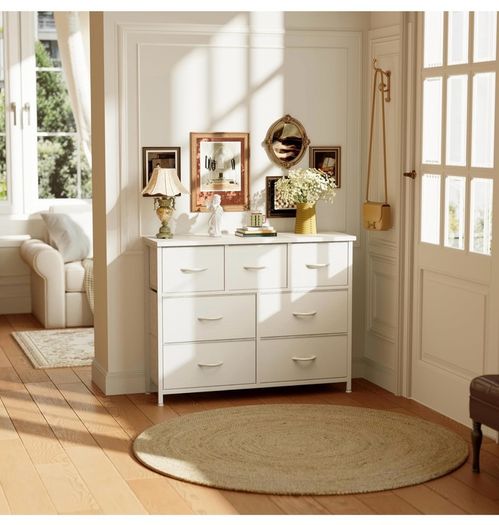 Chest of Drawers for Bedroom with 7 Drawers, Fabric Storage Drawer, Tall White Hallway Storage Unit