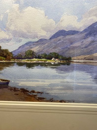 Vintage watercolour Painting Lake & Mountain Scene