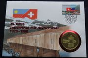 Liechtenstein 5 Euro pattern 1998 in coin stamp cover | customs union with Switzerland