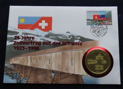Liechtenstein 5 Euro pattern 1998 in coin stamp cover | customs union with Switzerland