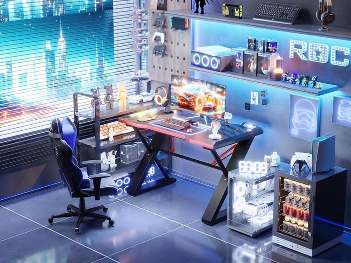 120 x 55 cm Gaming Desk with LED Lights, Gaming Table Thickened Z Shaped, Gamer Desk with Carbon Fiber Coated, Gaming PC Desk, Computer Desk Easy to Assemble, Carbon Fiber Black