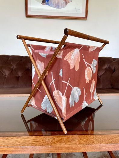 MCM Faux Bamboo Wood And Fabric Portable Knitting Sewing Basket Catch All