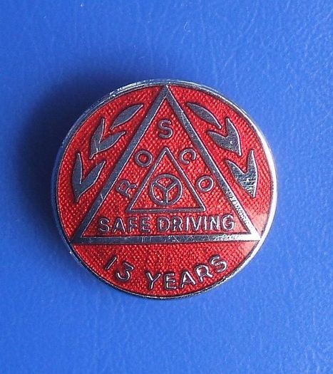 ROSCo (Safe Driving Award Scheme) - 13 years accident-free driving - merit award badge (1970's / 1980's)