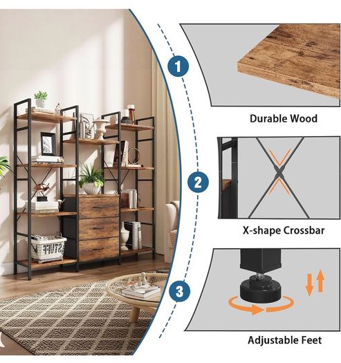 4-Tier Bookcase with Drawers, 100cm Wide Rustic Brown Shelving Unit 142cm Height, 10 Open Shelves + 3 Fabric Drawers, Industrial Rustic, For Living/Bedroom/Home Office, Large Storage