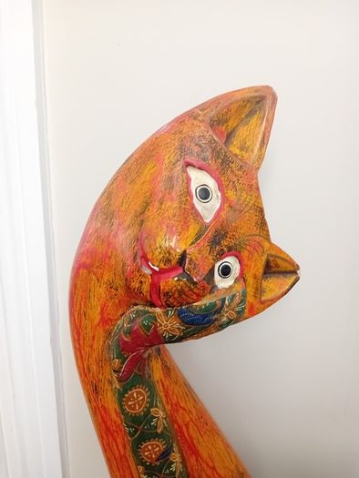 Vintage Indonesian folk art tall wooden cat sculpture