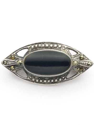 925 Vintage Sterling Silver Black Onyx & Marcasite Accents Brooch