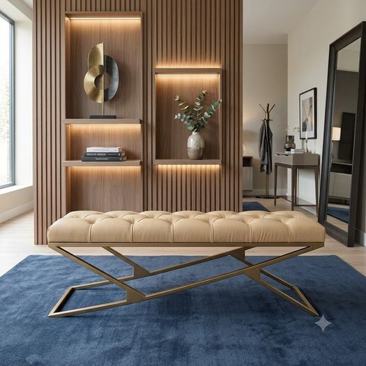 Luxury Chesterfield Bench  Gold Frame & White Tufted Upholstery 140cm