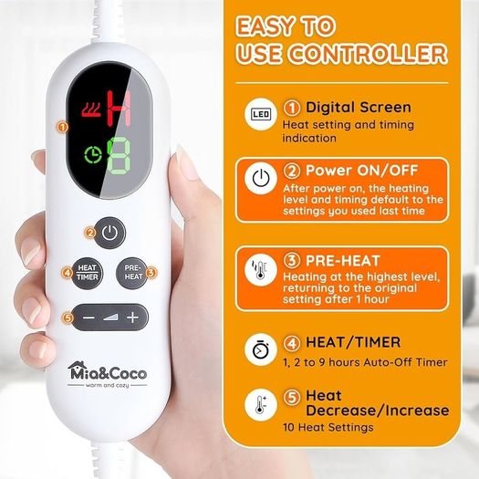 Electric Heated Blanket Throw 130/ 180 Flannel Sherpa, Fast Heating, 10 Heat Levels 9H Auto Off LED Controller Overheat Protection  Machine Washable  ETL Certified Grey