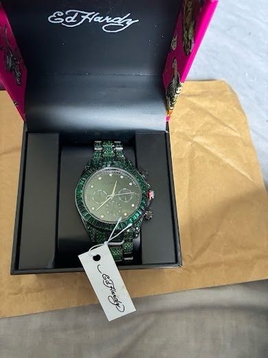 NIB Pair of Ed Hardy Iced Out Watches Emerald Green and Blackout