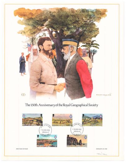 1980 Isle of Man Limited Edition Lithographed Print measuring 333mm X 257mm showing 150th Anniversary of Royal Geographical Society 1930-1980 Commemorative Stamp with First Day of Issue Cancel