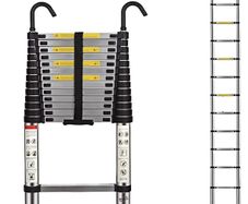 Telescopic Ladder 4.1M 13.5FT Aluminium Extension Loft Ladder with Stabilizer Bar and Detachable Hooks, Multi Purpose Extendable Portable Folding Ladders, EN131 (4.1M/13.5FT)