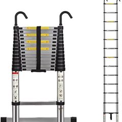 Telescopic Ladder 4.1M 13.5FT Aluminium Extension Loft Ladder with Stabilizer Bar and Detachable Hooks, Multi Purpose Extendable Portable Folding Ladders, EN131 (4.1M/13.5FT)