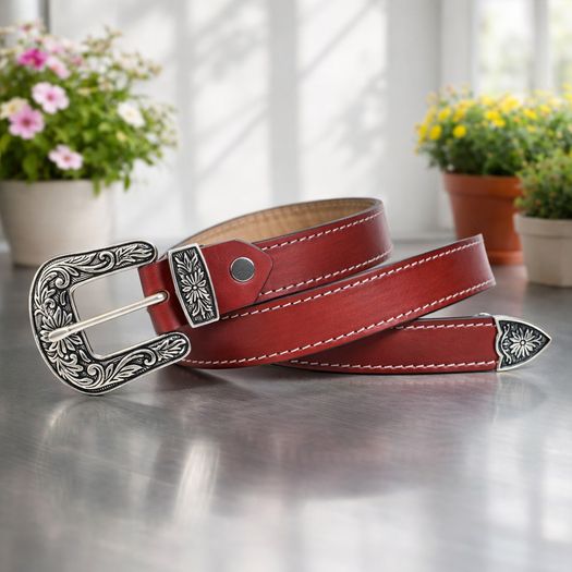 Unisex Premium Red Genuine Leather Belt Vintage Engraved Silver Buckle