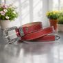 Unisex Premium Red Genuine Leather Belt Vintage Engraved Silver Buckle Image 2