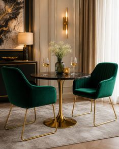 Set of 2 Green Velvet Dining Chairs with Gold Metal Legs