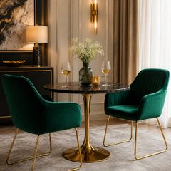 Set of 2 Green Velvet Dining Chairs with Gold Metal Legs