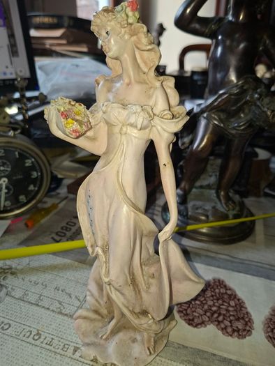 Beautiful Old Figurine distinctive Art Nouveau style of Italian sculptor, depicting an elegant woman in a flowing pastel gown holding a floral arrangement, Postage Available or Collection