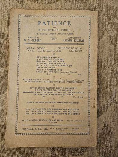 1911 Patience, Bunthorne' Bride By W.s. Gilbert And  Arthur Sulivan In Fair Condition.  See Photos For Same.