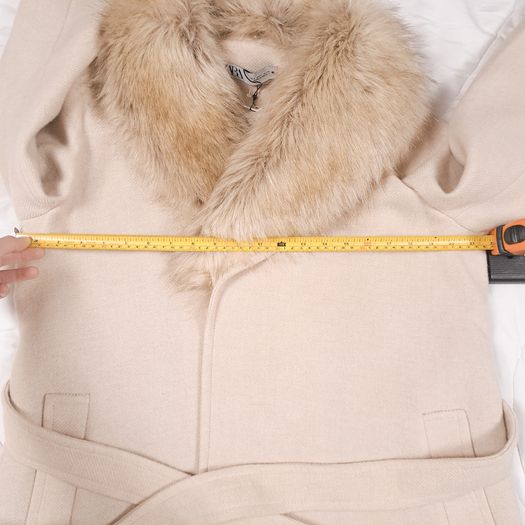 Zara Beige Cream Faux Fur Collar Belted Wrap Long Wool Coat Size L