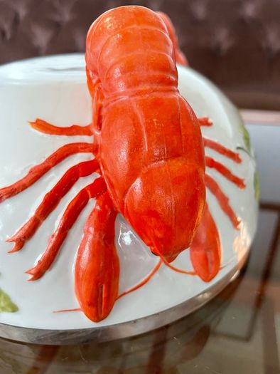 Antique WMF Lobster and Seaweed Silver Plated Trim Porcelain Round Serving Bowl 1920s