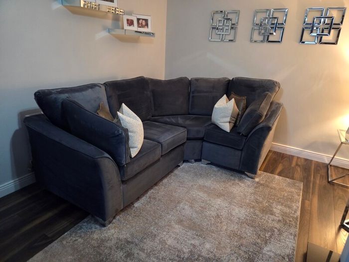 L shape sofa and love chair with foot pouf grey velvet