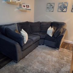 L shape sofa and love chair with foot pouf grey velvet