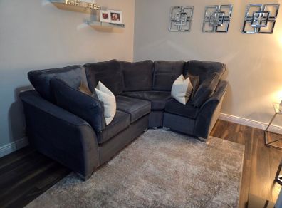 L shape sofa and love chair with foot pouf grey velvet