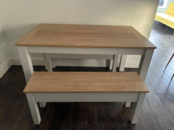 Dining table and bench set - oak effect and white