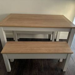 Dining table and bench set - oak effect and white