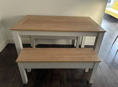 Dining table and bench set - oak effect and white