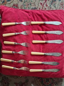 Antique EPNS Fish Knives & Forks, Set of 6 Pairs, Sterling Silver Collars, Celluloid Handles