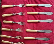 Antique EPNS Fish Knives & Forks, Set of 6 Pairs, Sterling Silver Collars, Celluloid Handles