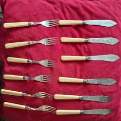 Antique EPNS Fish Knives & Forks, Set of 6 Pairs, Sterling Silver Collars, Celluloid Handles