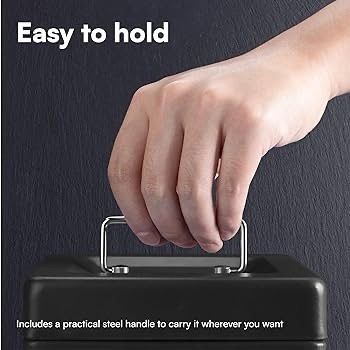 NEW SALE | Money Box with Key - 6 inch Money Tin with Lock - Small Lockable Cash Box with Coin Tray for Petty Cash Coins Notes - Locking Metal Safe Box with 2 Keys - Black Matt