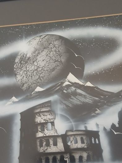 Original Surrealist Spray Paint Art. Professionally Framed 22 x 27 inches.