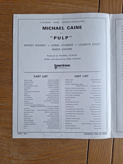 1972 PULP Press Kit Michael Caine