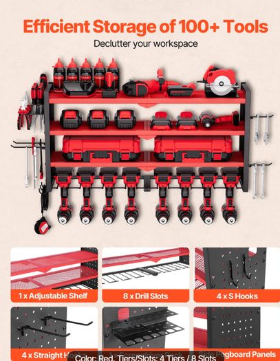 Heavy Duty Wall Mounted Power Tool Organiser  4 Tier Garage Storage Rack with 8 Drill Holders