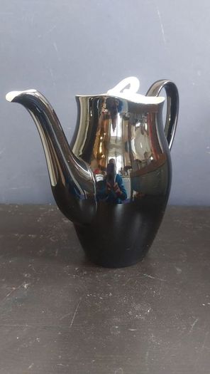 Stunning Vintage MCM 1950's Coffee Set for Six, Including Coffee Pot, by Johnson Bros, in Black and Cream with Pink Rose Detailing and Platinum Gilt Design