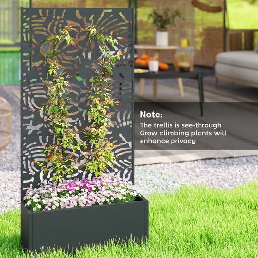 Planter with Trellis, Flower Box, with Privacy Screen, for Climbing Plants, Metal, 90 x 37.5 x 180 cm, black