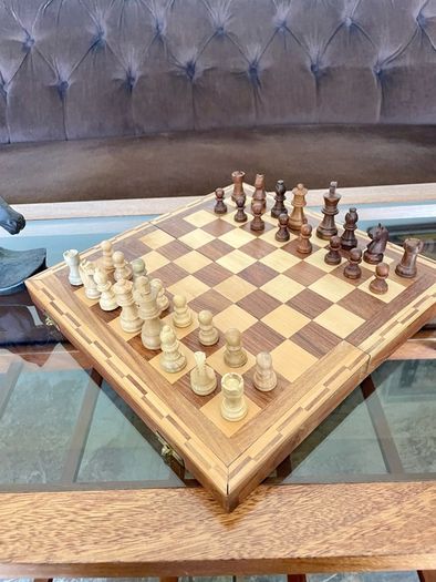 Vintage Marquetry Inlaid Folding Wooden Chess Board Chess Pieces Dice and Counters