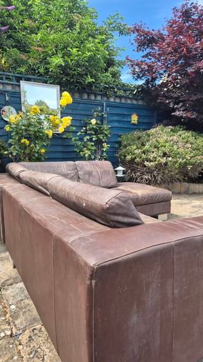 Premium Dark Brown Leather Corner Sofa & Matching Storage Ottoman