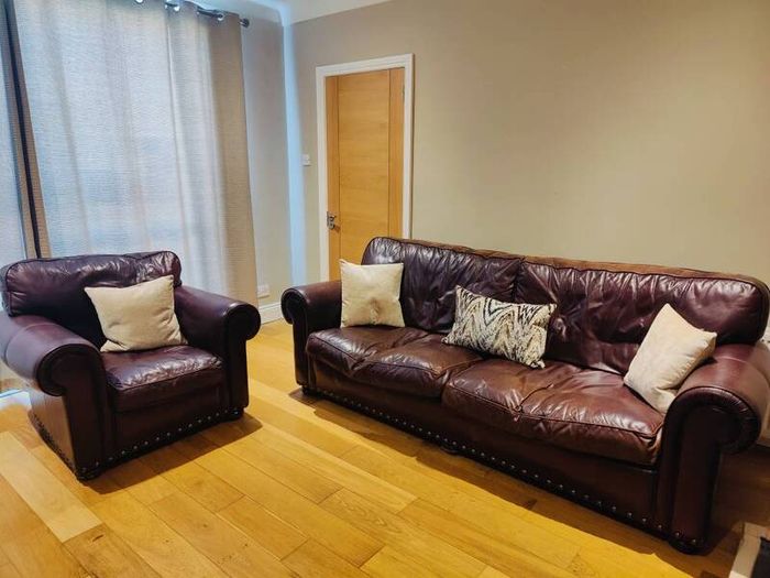 Brown leather sofa and arm chair