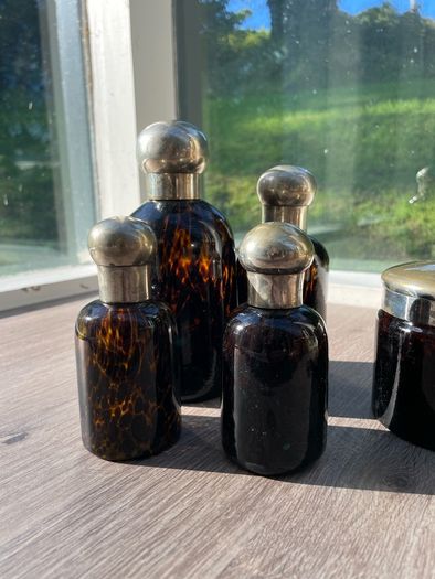 Vintage Amber Tortoiseshell Glass Dressing Table or Vanity Set of 6 Pieces