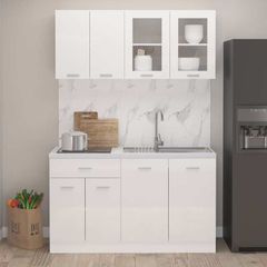 4 Piece Kitchen Cabinet Set High Gloss White Chipboard
