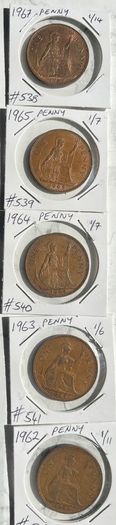 Queen Elizabeth II Pennies 1962, 1963, 1964, 1965, 1967
