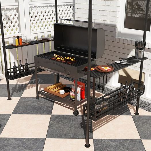BBQ Gazebo Canopy Shelter With 2 Side Shelves, Storage Baskets